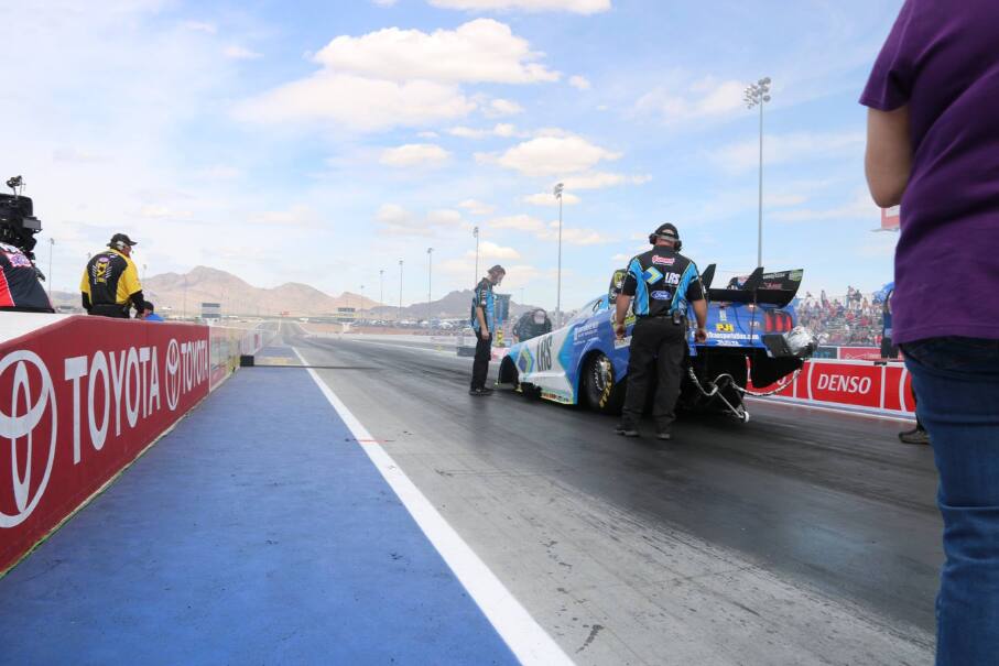 Tim Wilkerson reached the finals of the NHRA drag racing event in Las Vegas before falling. Tim Wilkerson reached the finals of the NHRA drag racing event in Las Vegas before falling.